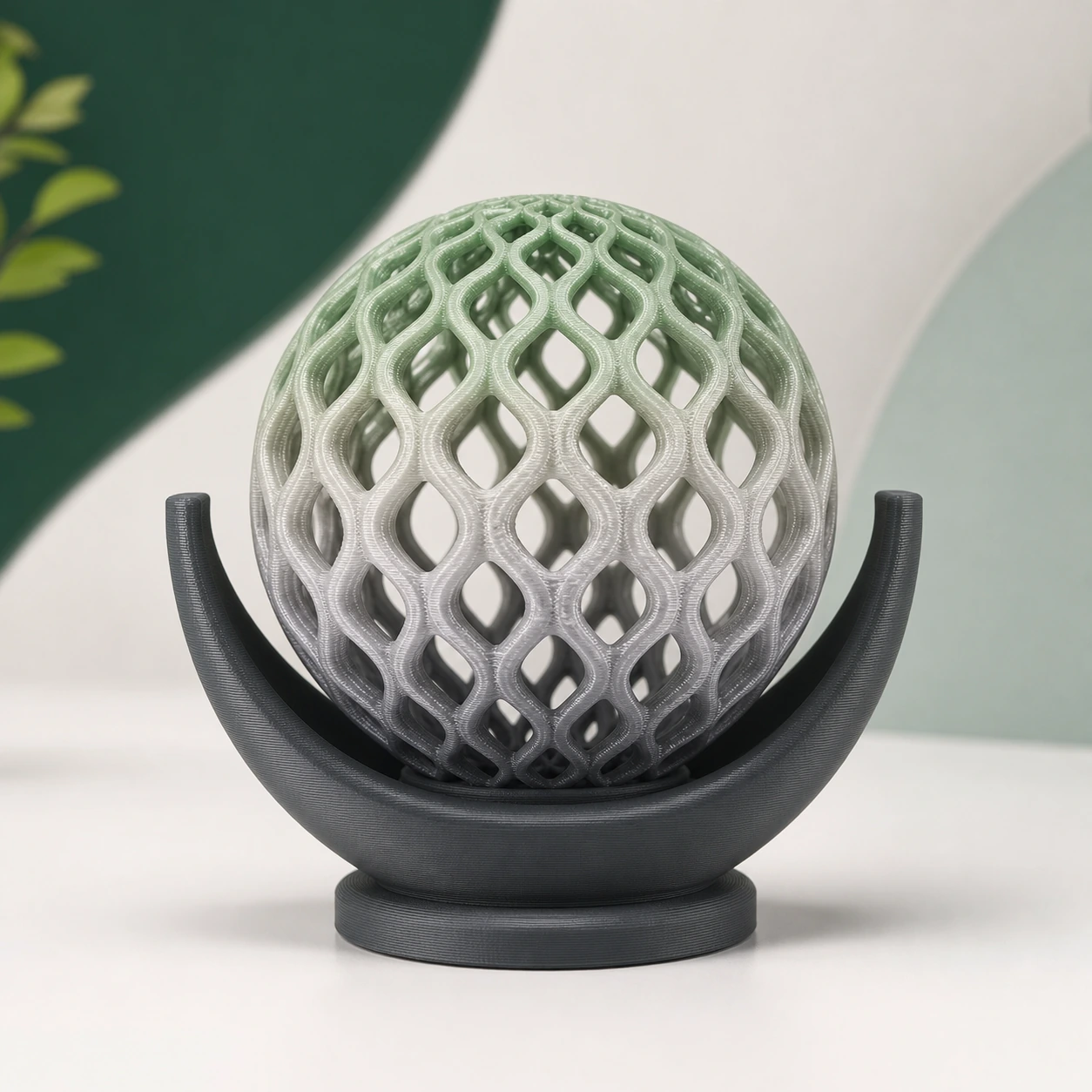 Gradient Silk Air PLA Basic Gradient: fine-layer 3D-printed lattice sphere in an intact cradle, delicate geometry fully resolved