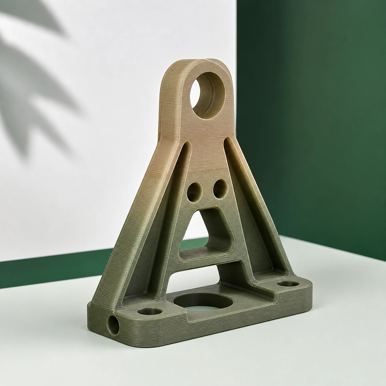 Gradient Silk Earth PLA Basic Gradient: draft-layer 3D-printed industrial bracket with all ribs, holes and base intact