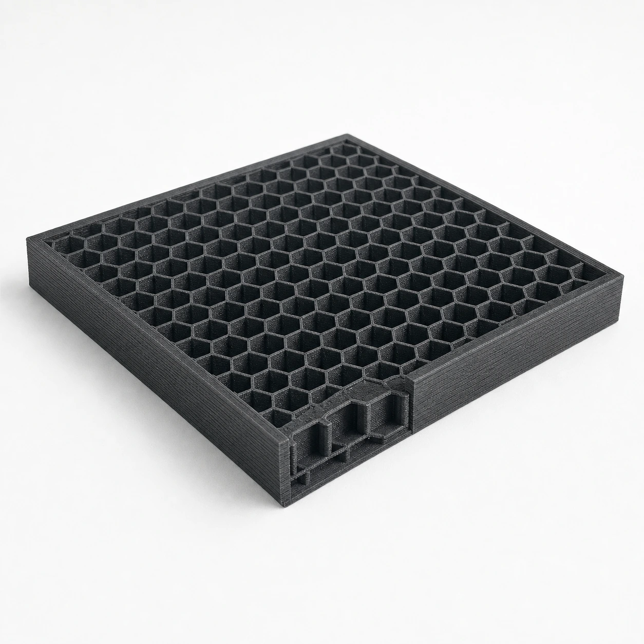 Lava Gray PLA-CF honeycomb panel tile, square honeycomb-core panel tile with a solid outer frame and one cutaway corner