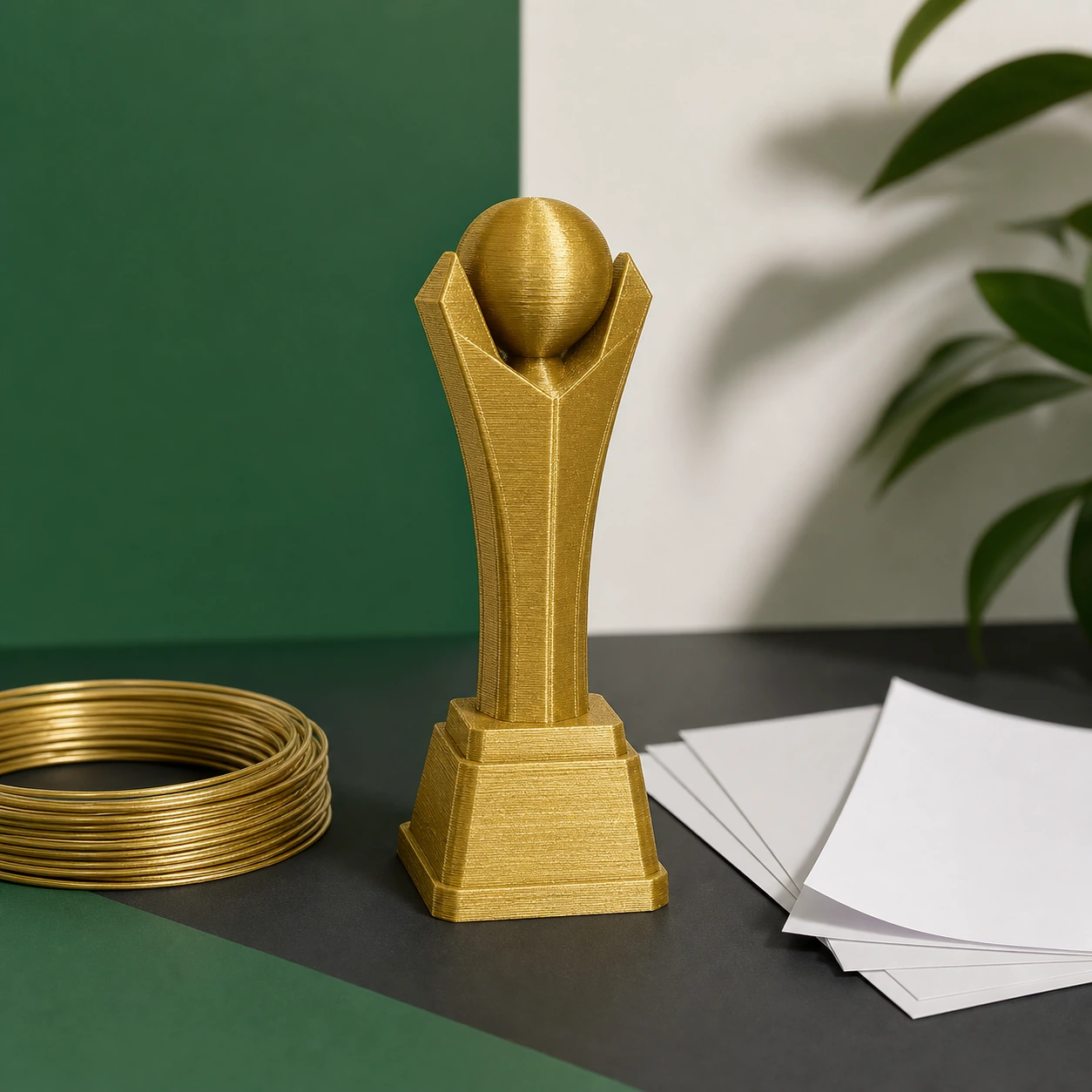 Metallic Gold PLA Metal complete safety-document review scene with blank unbranded sheets, a filament sample coil, and an intact test trophy
