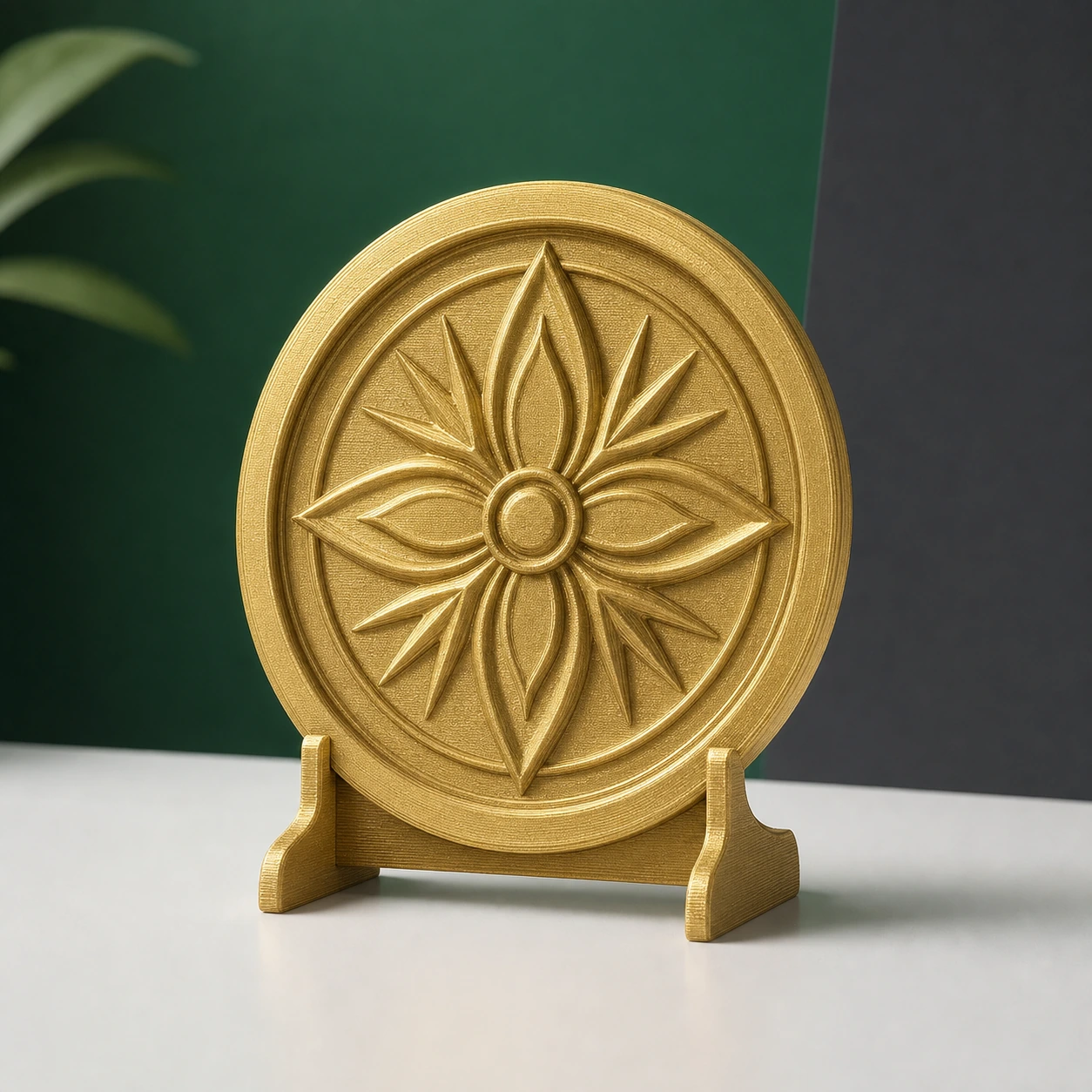 Metallic Gold PLA Metal complete embossed medallion displayed upright on a small stand