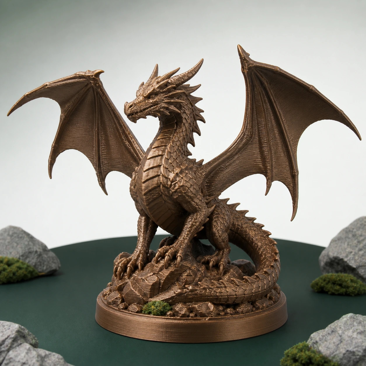 Metallic Bronze PLA Metal fantasy creature figurine with tail, limbs, wings, and base fully visible