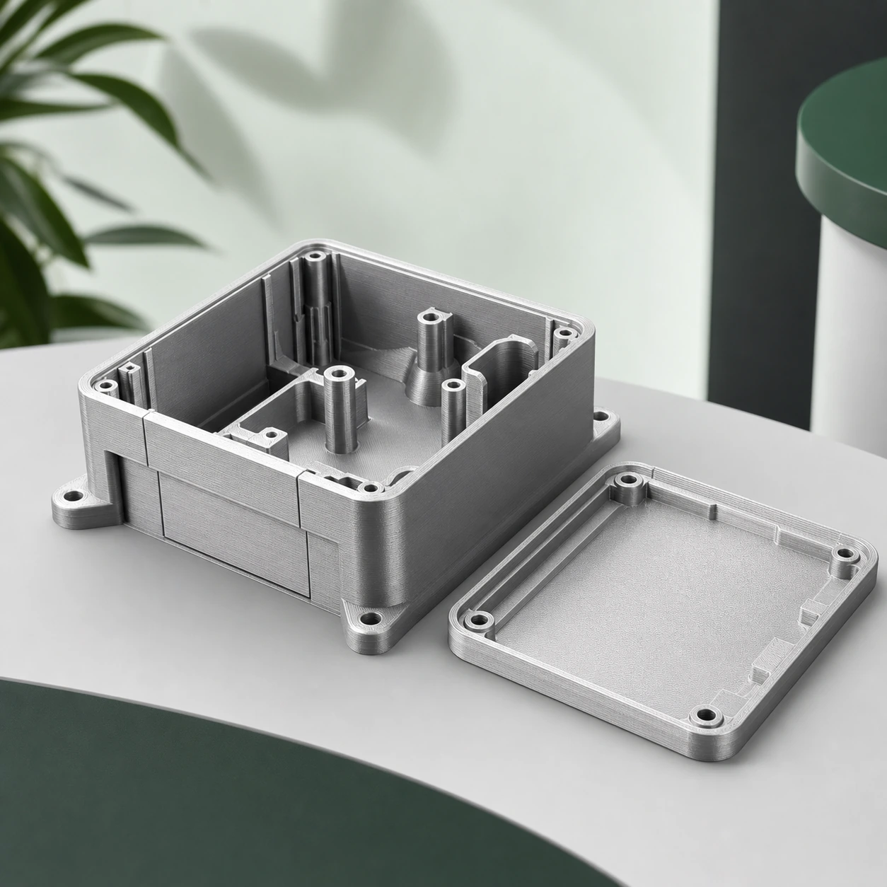 Metallic Silver PLA Metal complete mechanical presentation housing with removable lid placed beside it