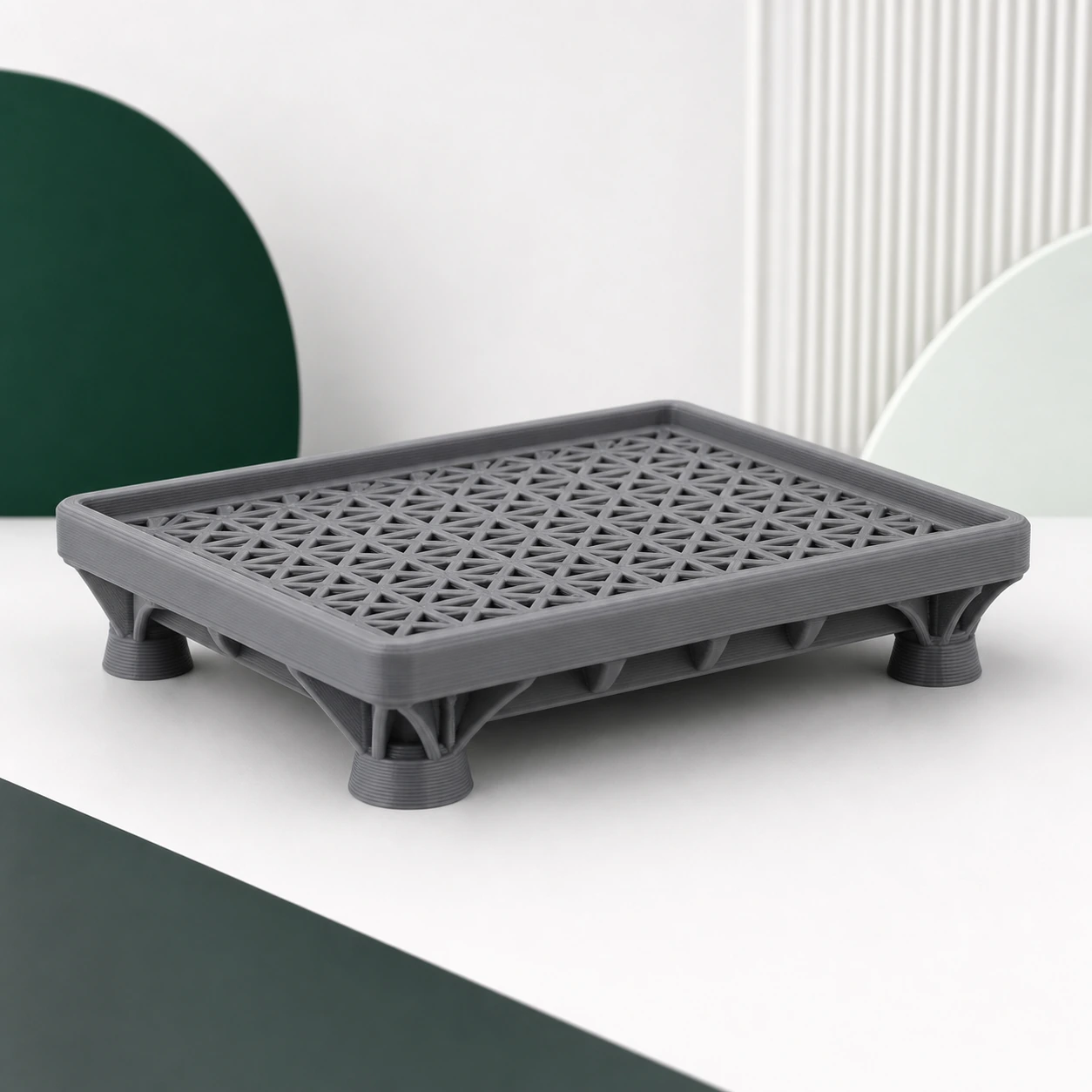 medium grey PLA Tough+ complete shallow lattice tray with a visibly supported underside and four feet