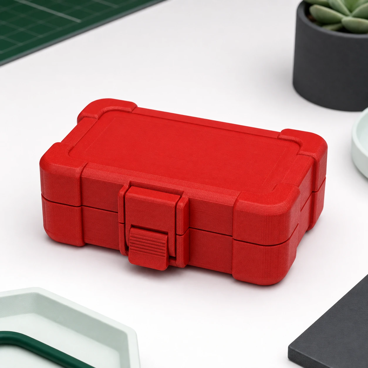 red PLA Tough+ complete snap-fit electronics enclosure with integral latch and rounded impact guards
