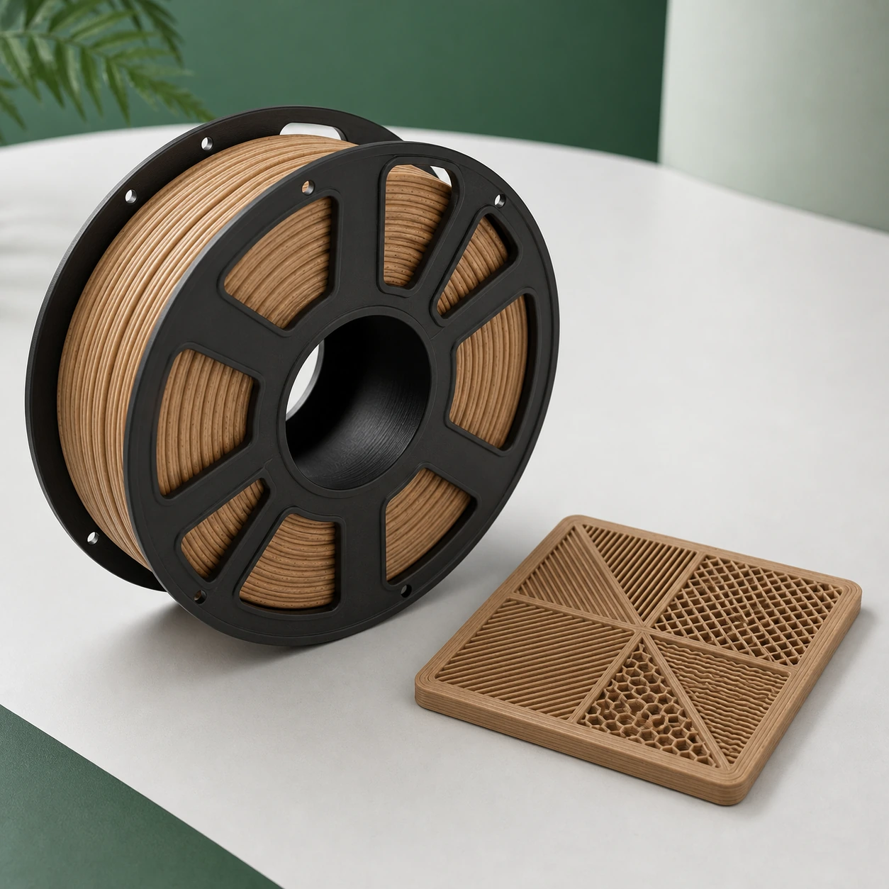 PLA Wood-effect reusable sample-carrier tile beside an unbranded filament spool on a plain studio background.