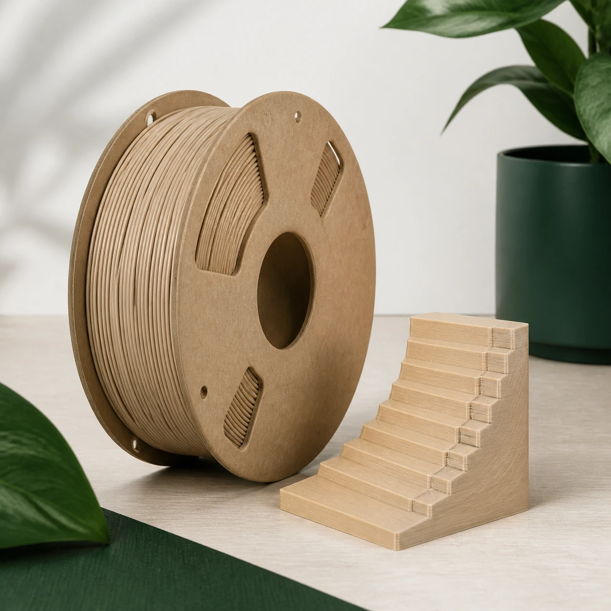 PLA Wood-effect layer-direction step coupon beside an unbranded filament spool on a plain studio background.