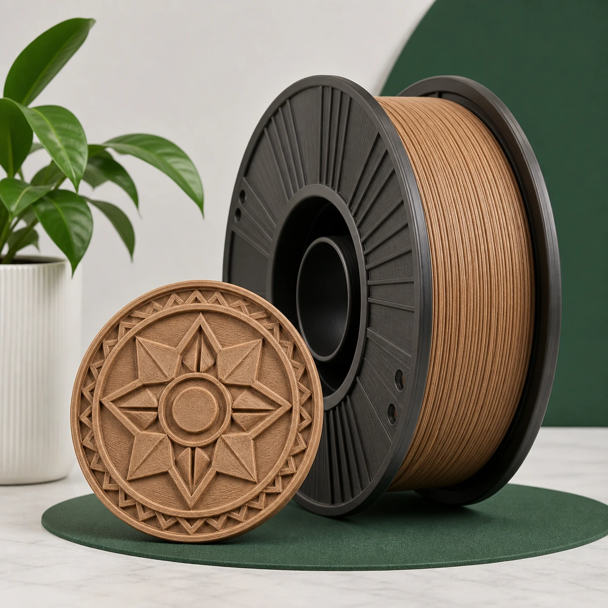 PLA Wood-effect geometric relief medallion beside an unbranded filament spool on a plain studio background.