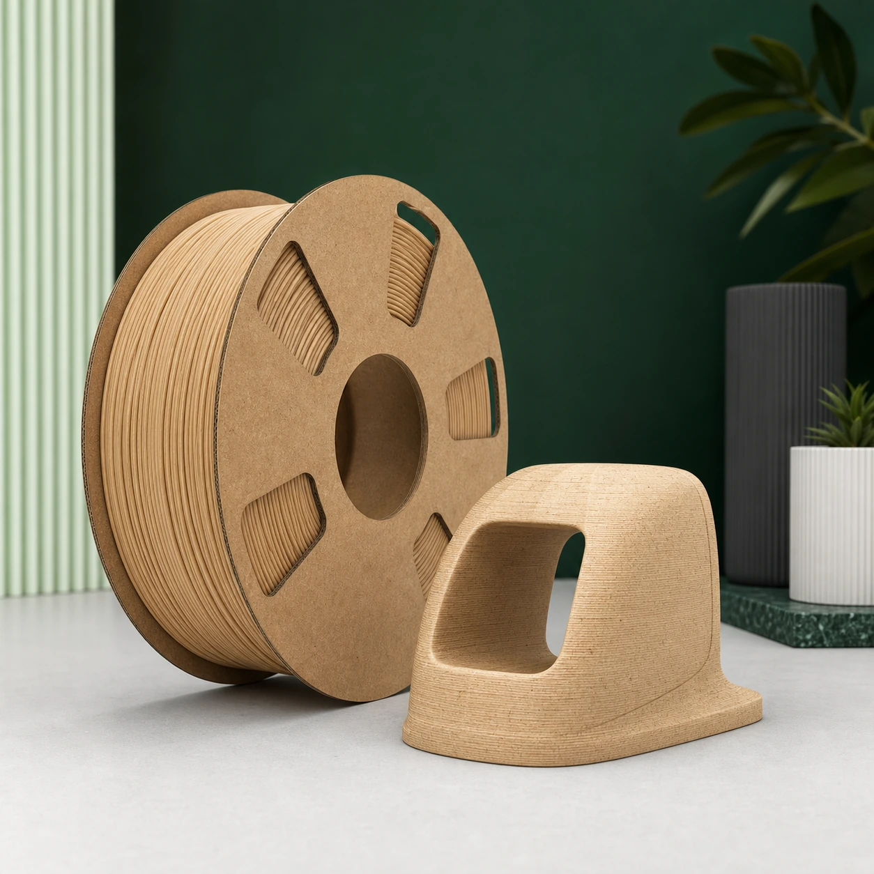 PLA Wood-effect seam-position shell coupon beside an unbranded filament spool on a plain studio background.