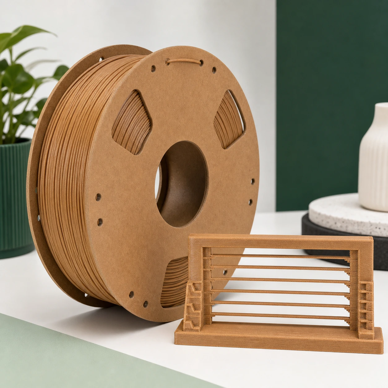 PLA Wood-effect bridge-surface frame coupon beside an unbranded filament spool on a plain studio background.