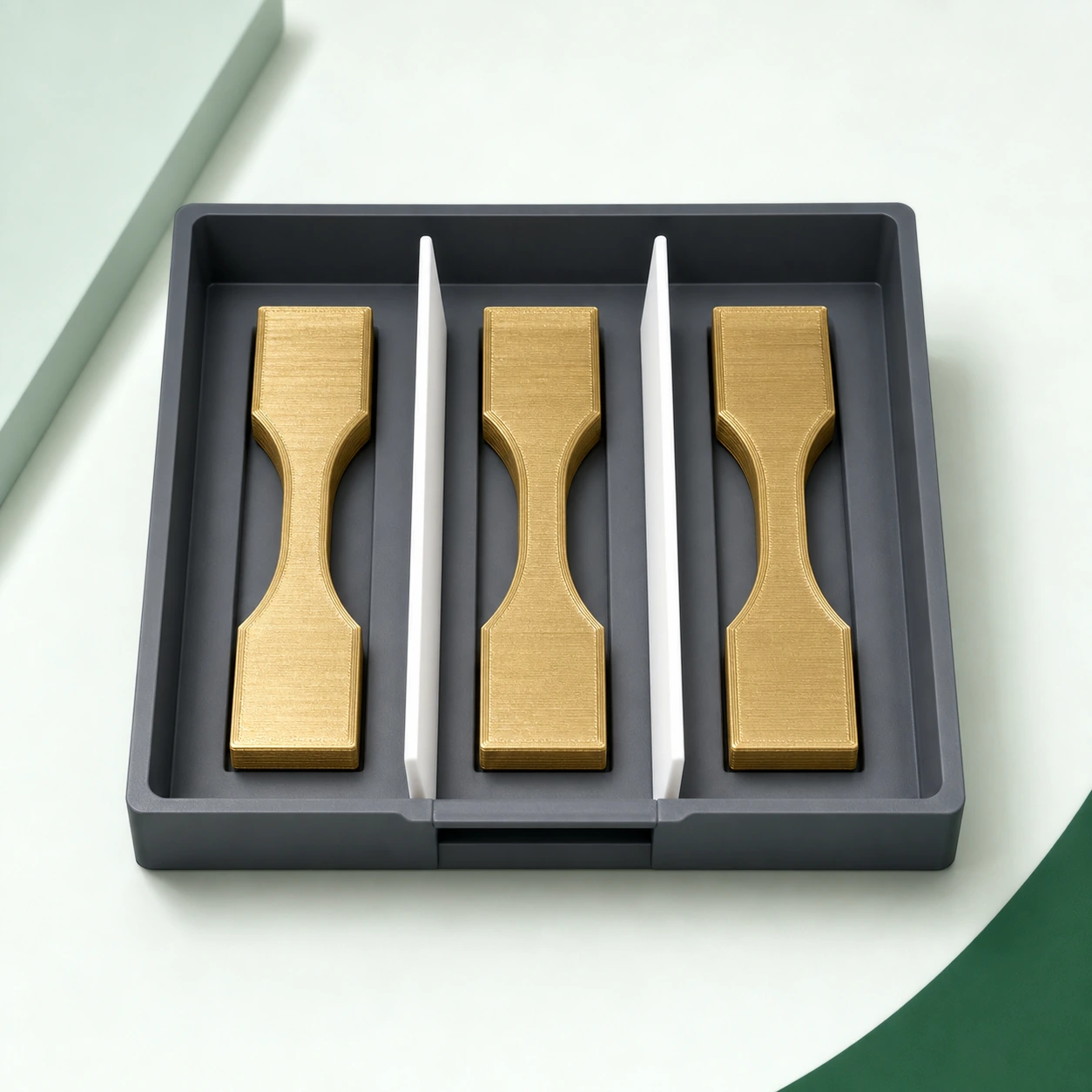 Brass PLA Silk+ three complete brass Silk PLA retained sample coupons arranged in a reusable rigid laboratory tray with blank divider cards