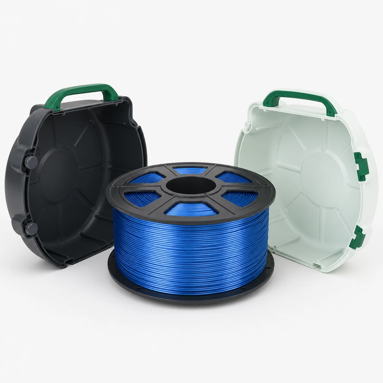 Blue PLA Silk+ an unbranded blue Silk PLA spool protected by two plain reusable molded transit shells, shown open so the spool is fully visible