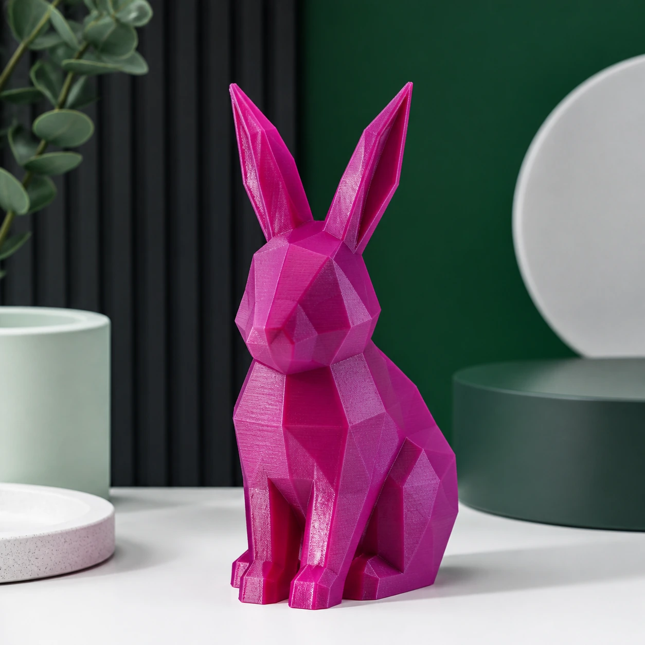 Magenta PLA Silk+ faceted sitting rabbit sculpture with both ears fully visible