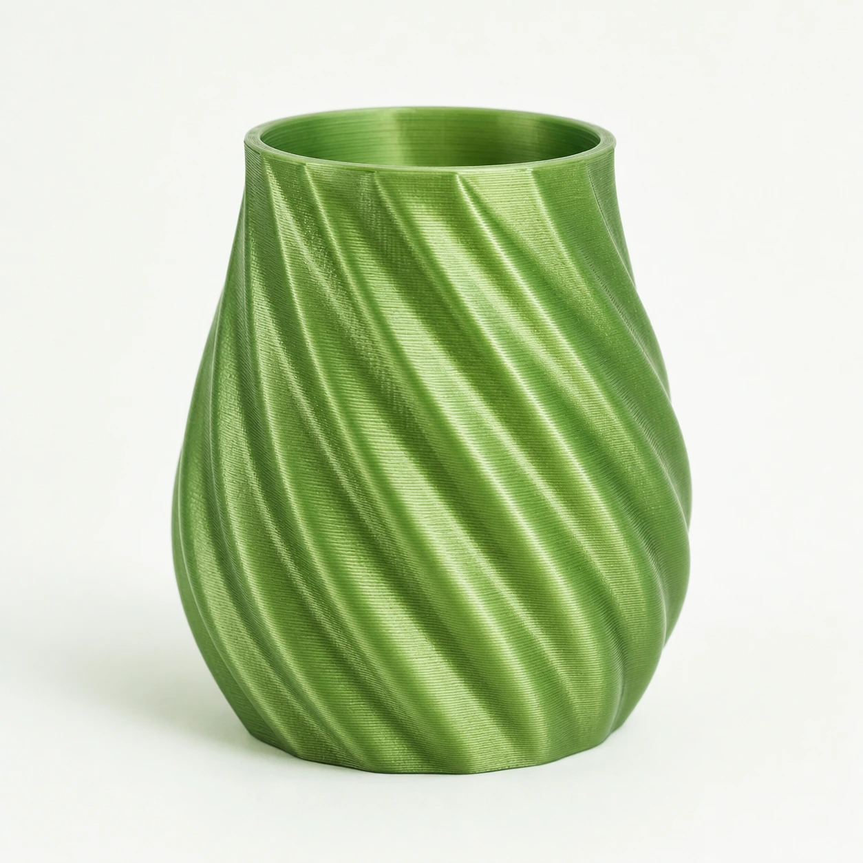 Peridot Green PLA Silk+ spiral-wall vessel coupon displaying a continuous helical surface