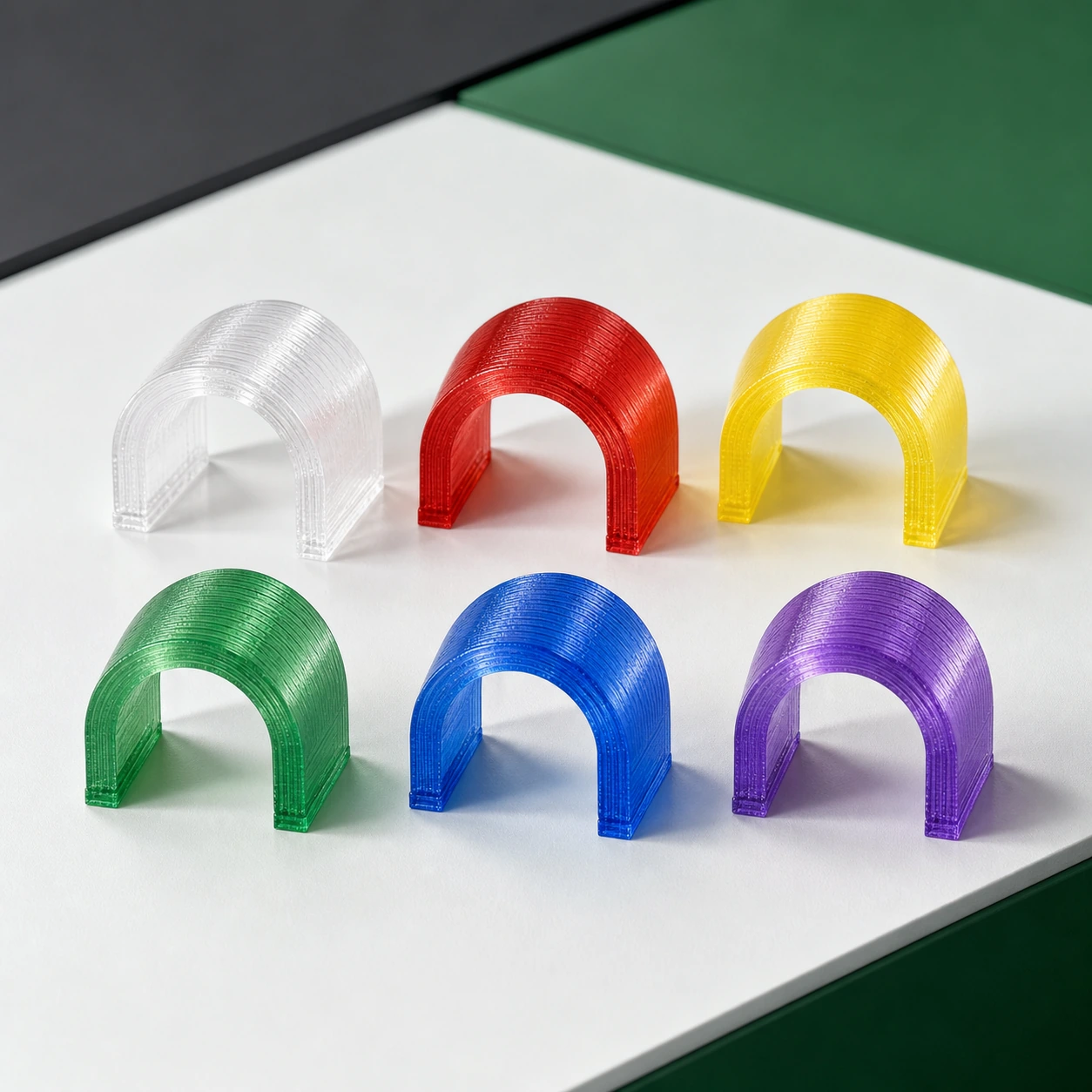 market translucent assortment PLA Translucent six complete small identical arched coupons in natural clear, red, yellow, green, blue, and violet