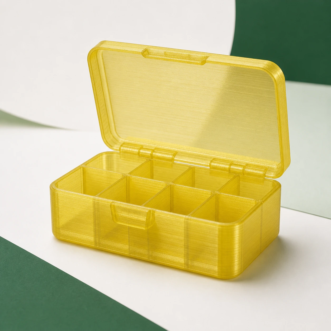 yellow PLA Translucent divided organizer case with an open hinged lid