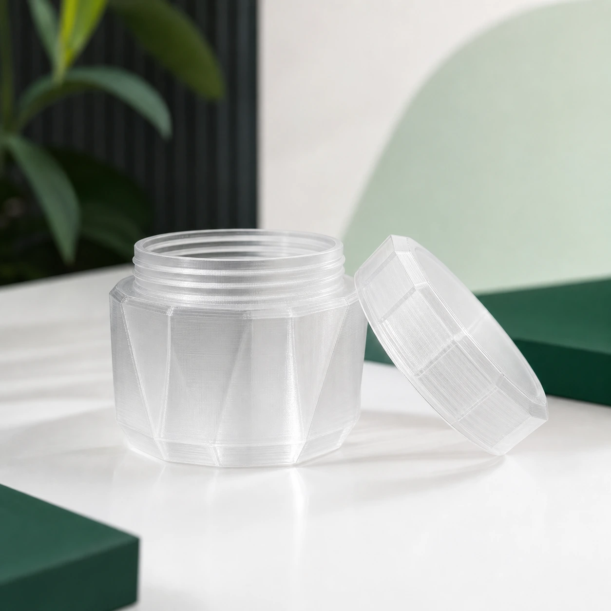 natural clear PLA Translucent faceted threaded jar with its matching lid