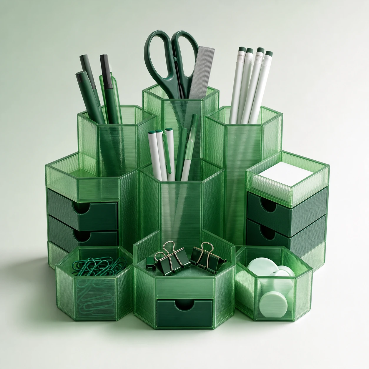 translucent green PLA Translucent honeycomb modular desktop organizer