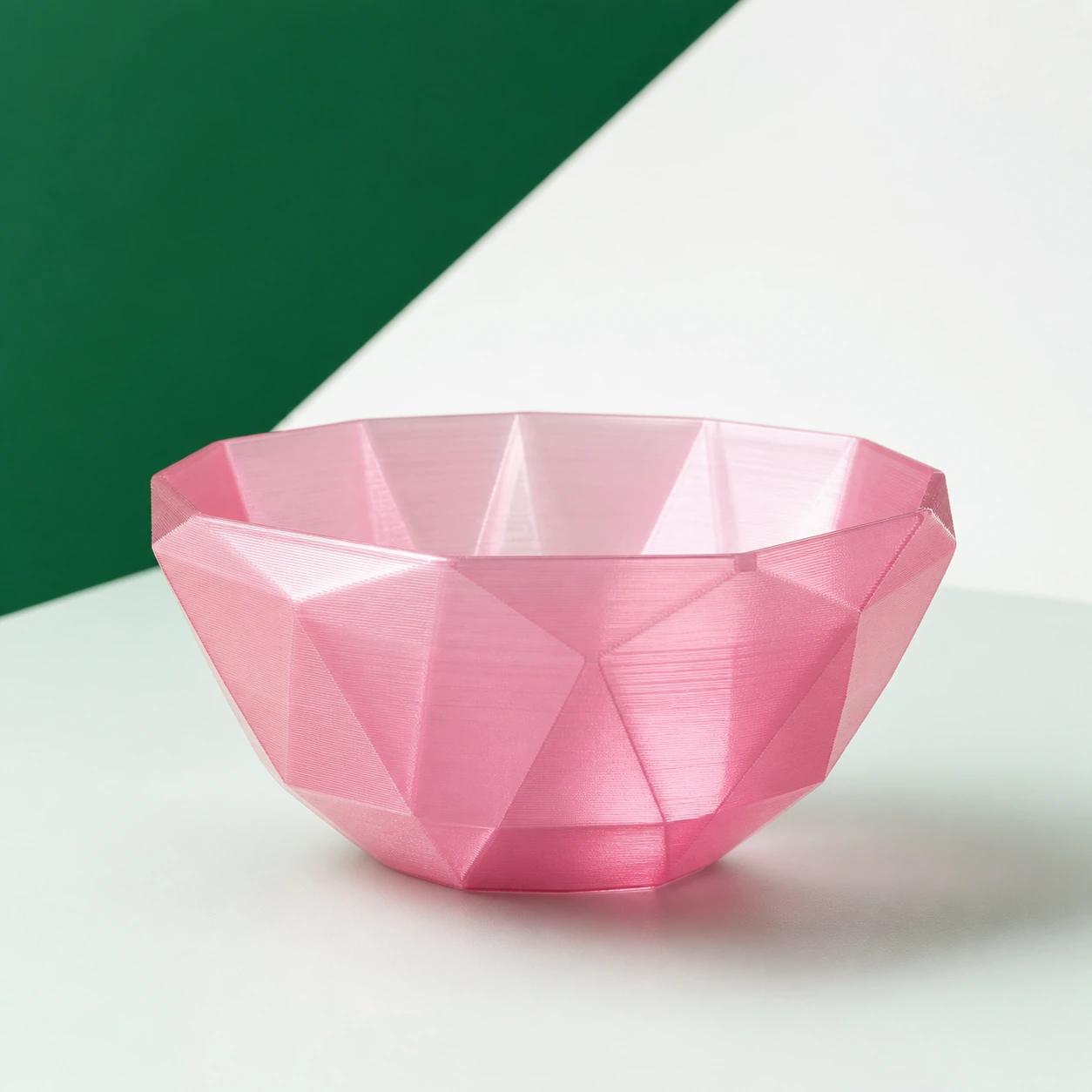 translucent pink PLA Translucent low-poly faceted bowl