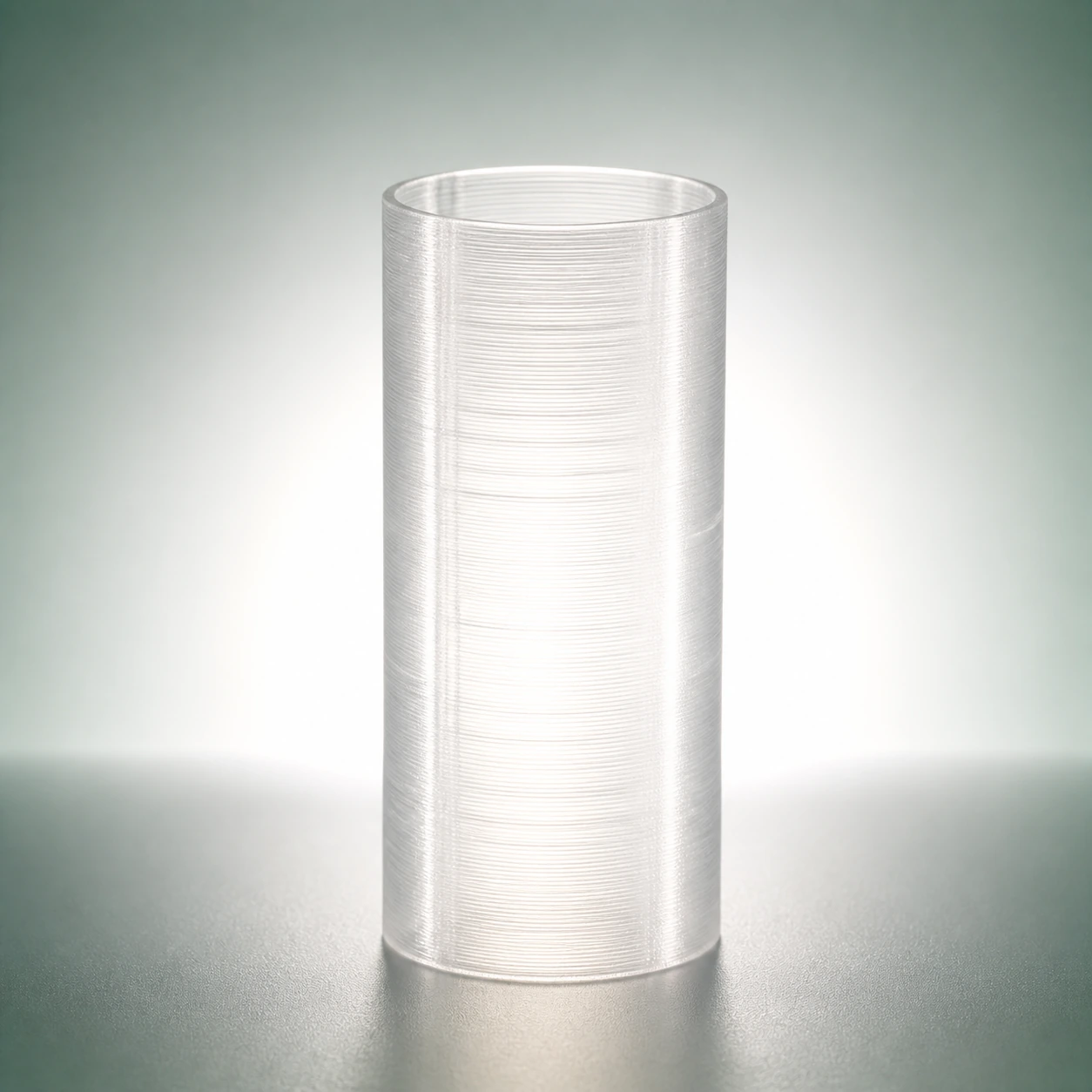 natural clear PLA Translucent tall thin-wall cylindrical surface sample lit from behind
