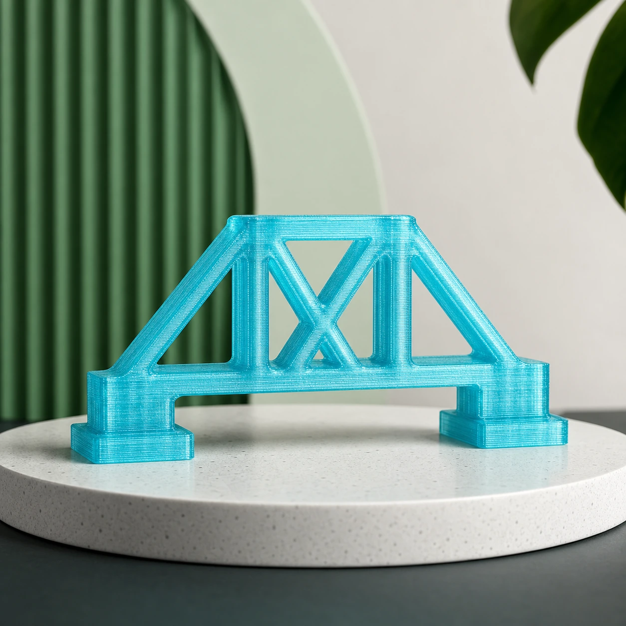 cyan PLA Translucent bridge-frame sample showing an unsupported underside span